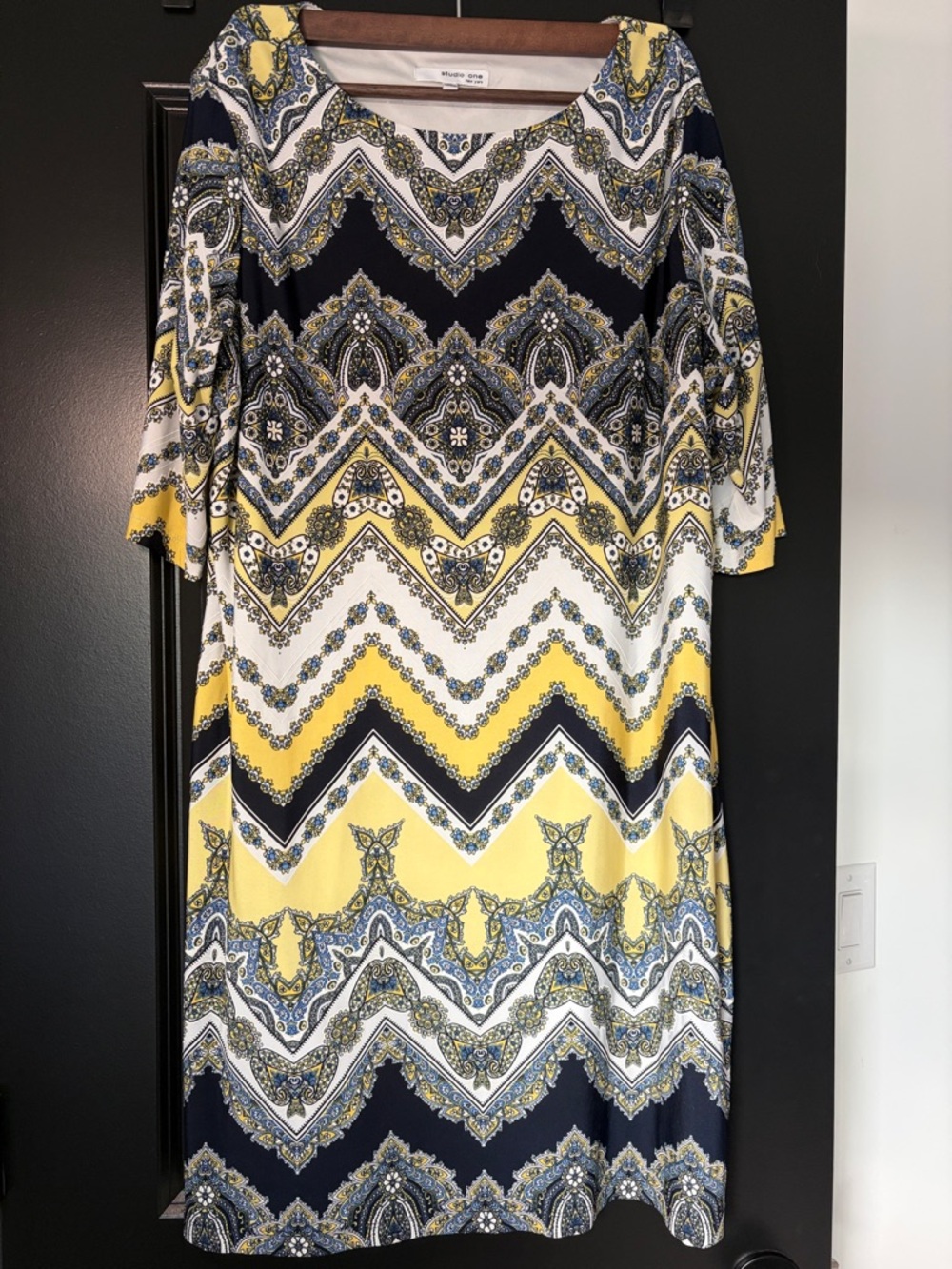 Paisley Chevron Midi Dress in Yellow, Navy & White